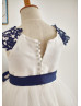 Navy Blue Lace Ivory Satin Organza Classic Wedding Flower Girl Dress 